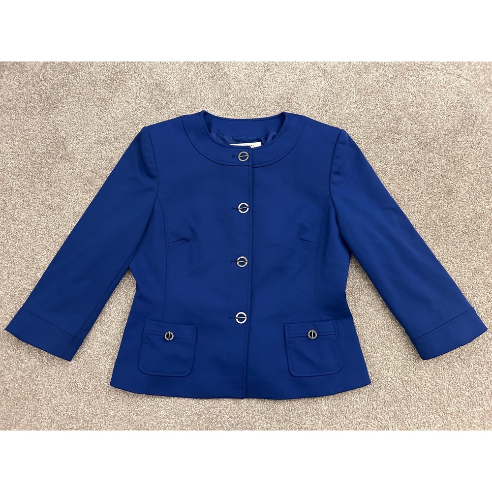 Tahari Blazer Womens 10 Royal Blue Excellent Collarless 3/4 Sleeve Button Front